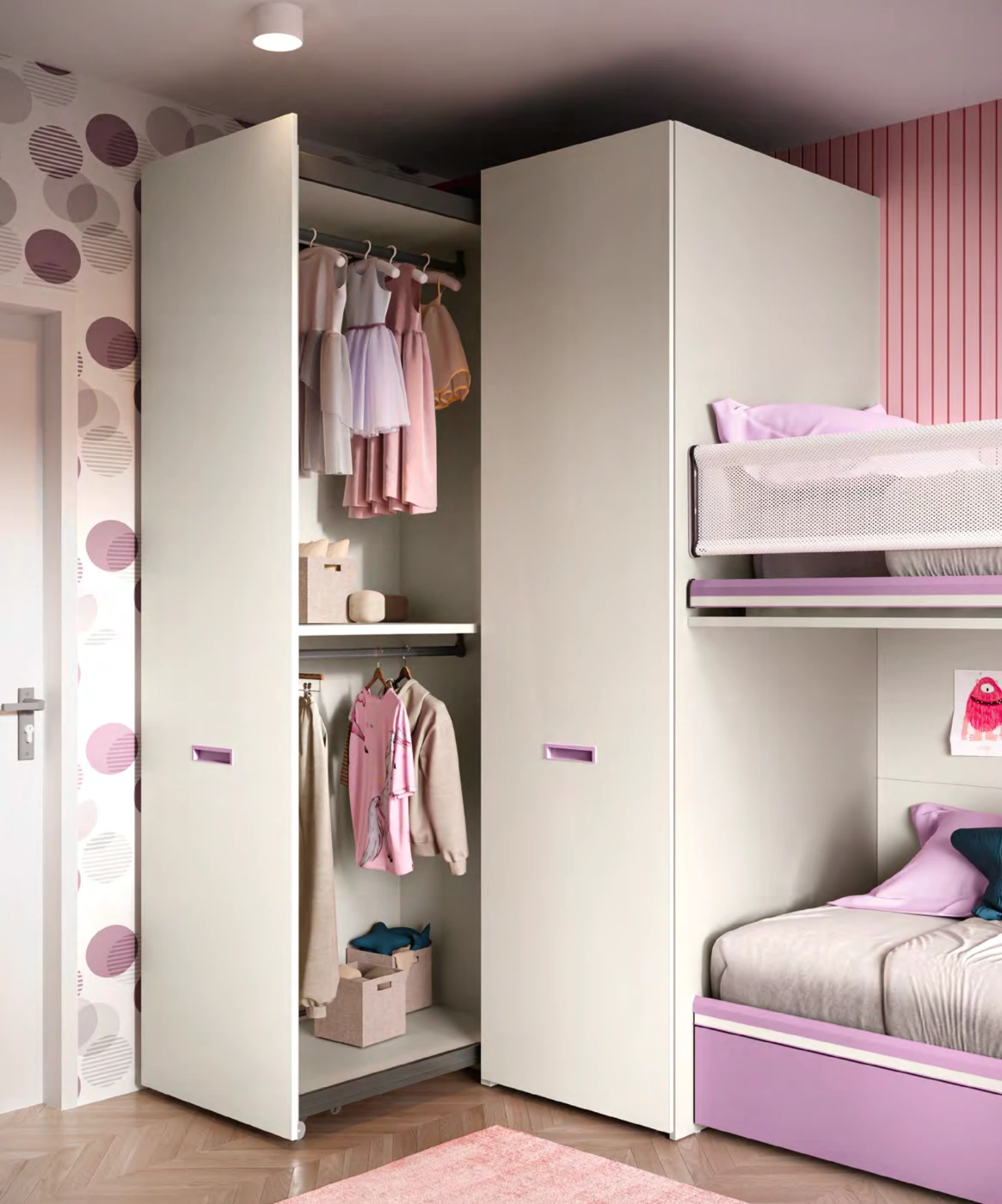 Letto a castello Level, con scaletta contenitiva, Quarzo e Dalia, Moretti Compact