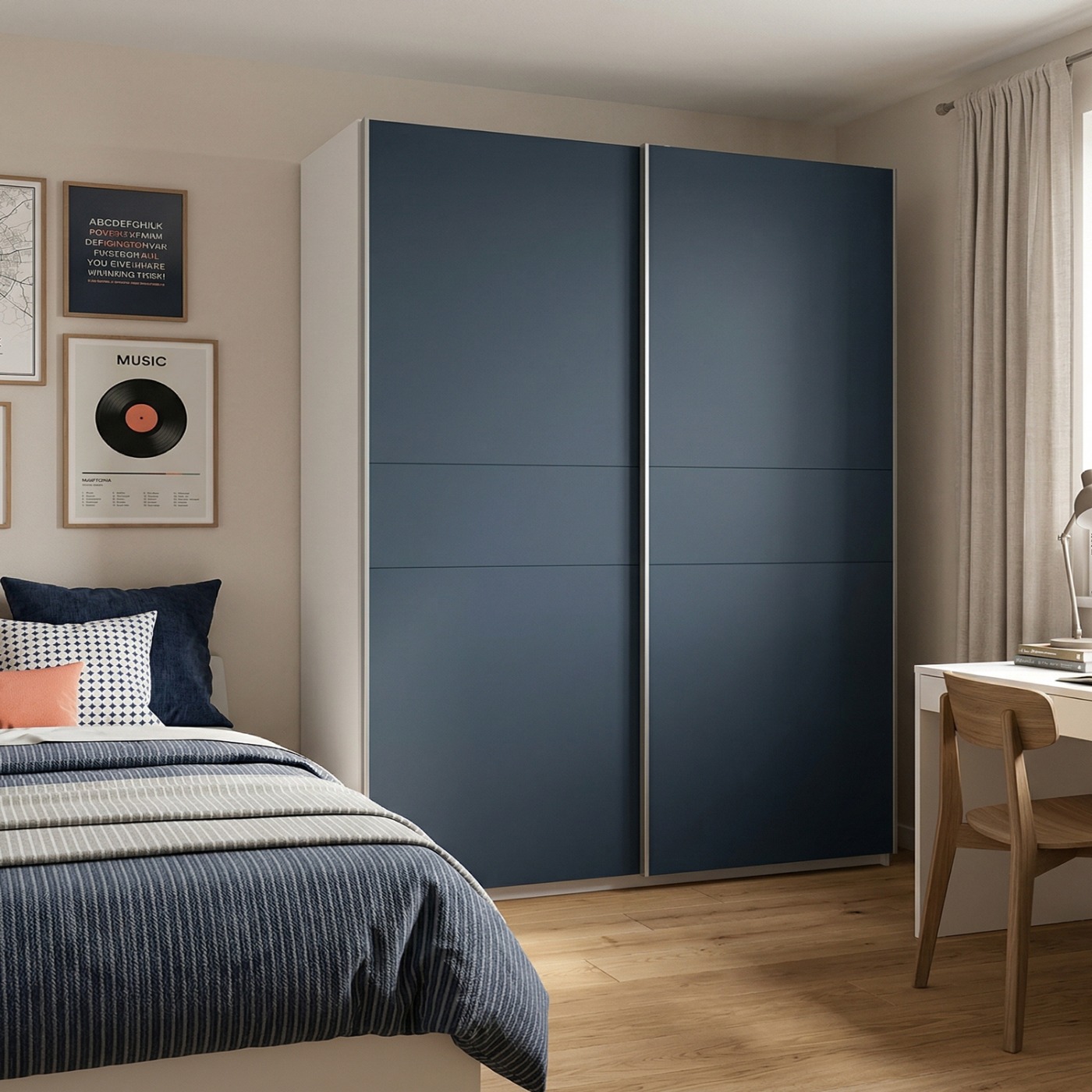 Armadio 2 ante scorrevoli, Bianco opaco e Blu navy, L.220