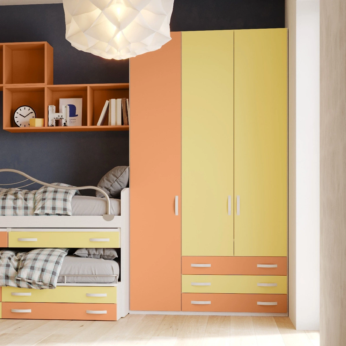 Armadio 3 ante 2 cassetti, L.137 H.247, Giallo, Albicocca e Nuvola frassino Zenzero Shop