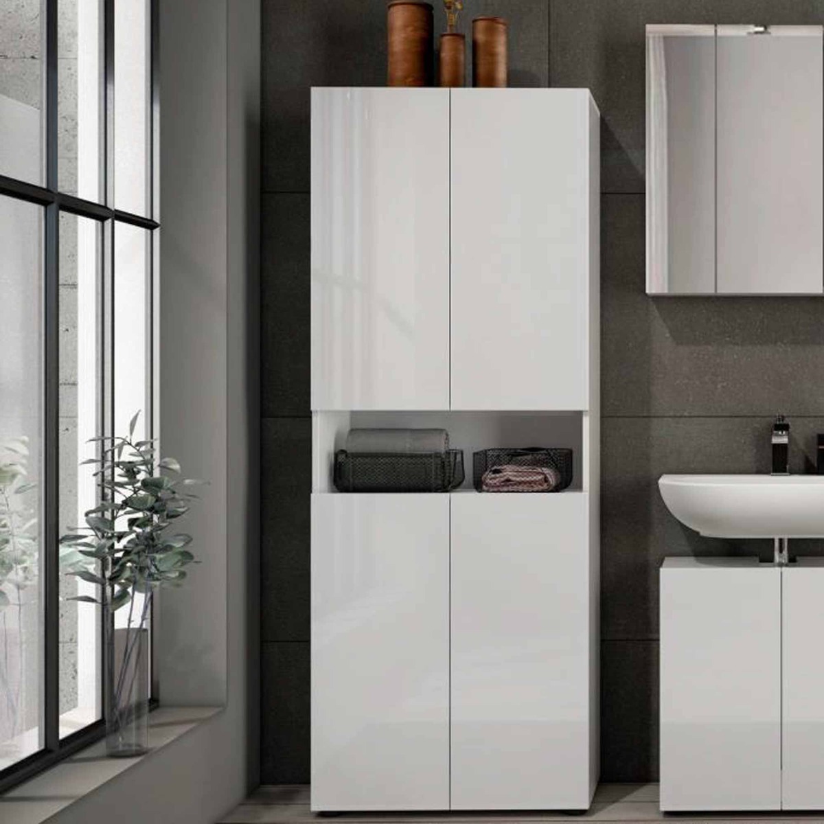 Armadietto da bagno a 4 ante con 6 ripiani e 1 vano a giorno