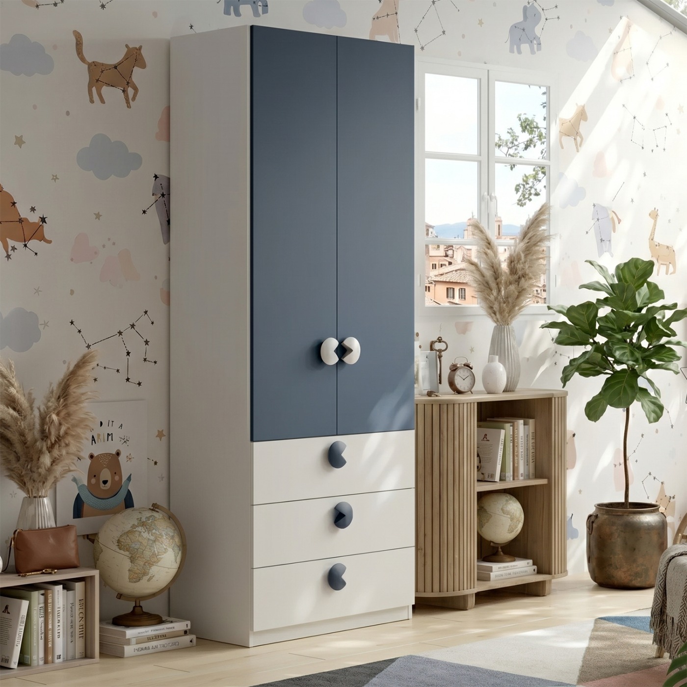 Armadio 2 ante 3 cassetti, L.92 H.240, Bianco opaco e Blu navy