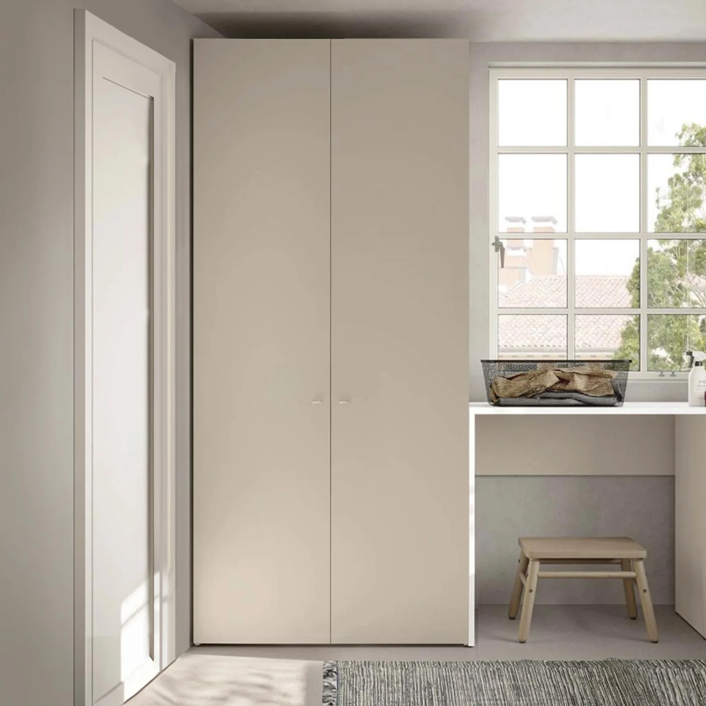 Armadio lavanderia a 2 ante, L.90 H.194, Bianco opaco e Desert