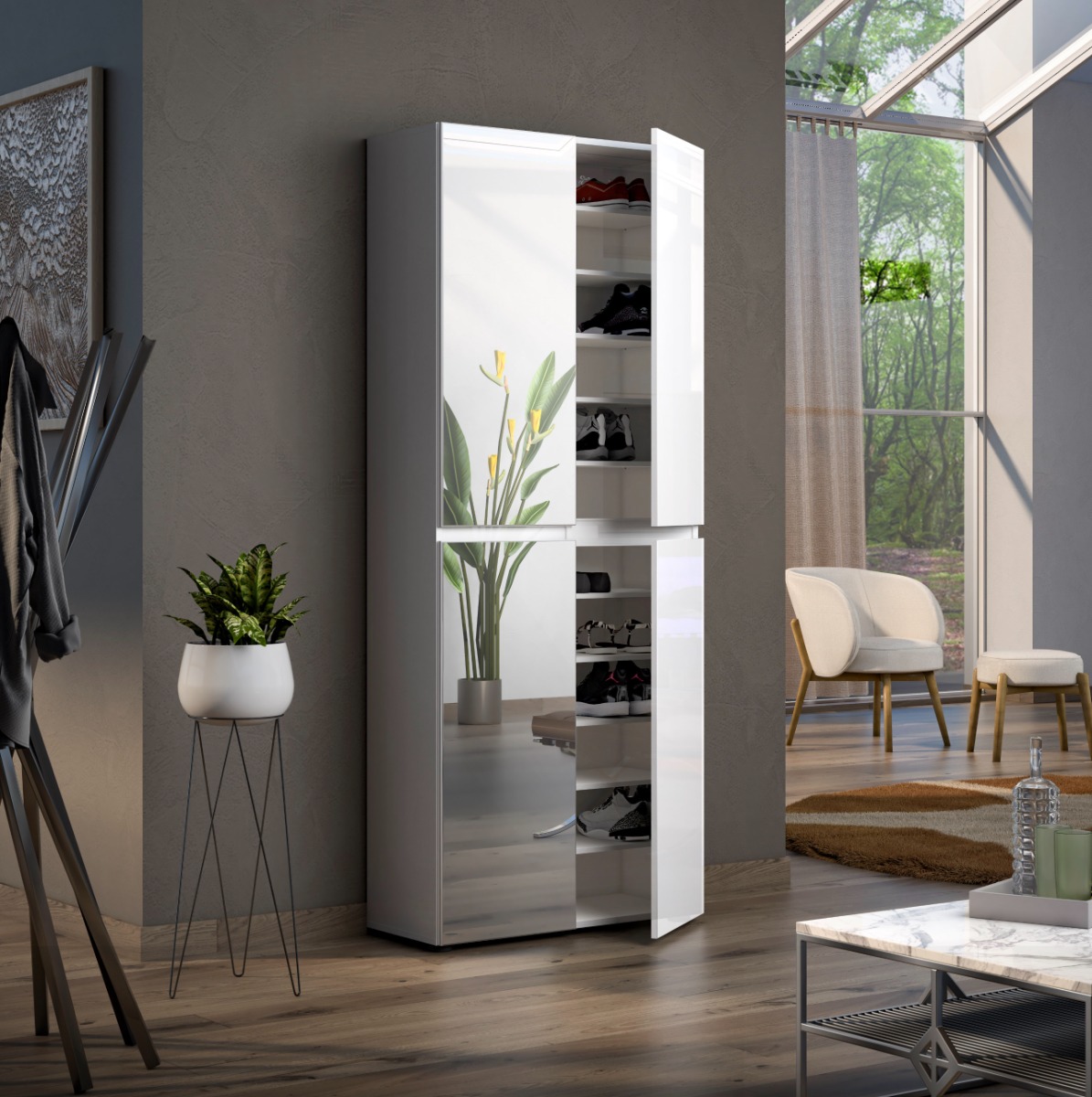 Armadio multiuso 4 ante con 2 ante a specchio, Made in Italy