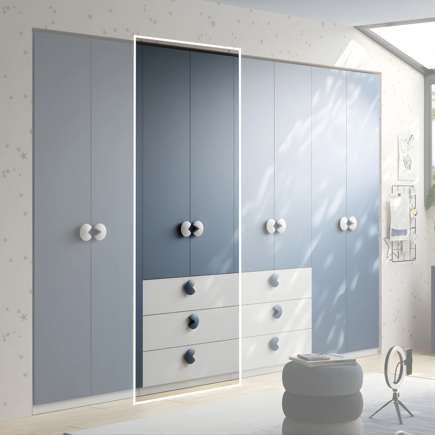 Armadio 2 ante 3 cassetti, L.92 H.240, Bianco opaco e Blu navy