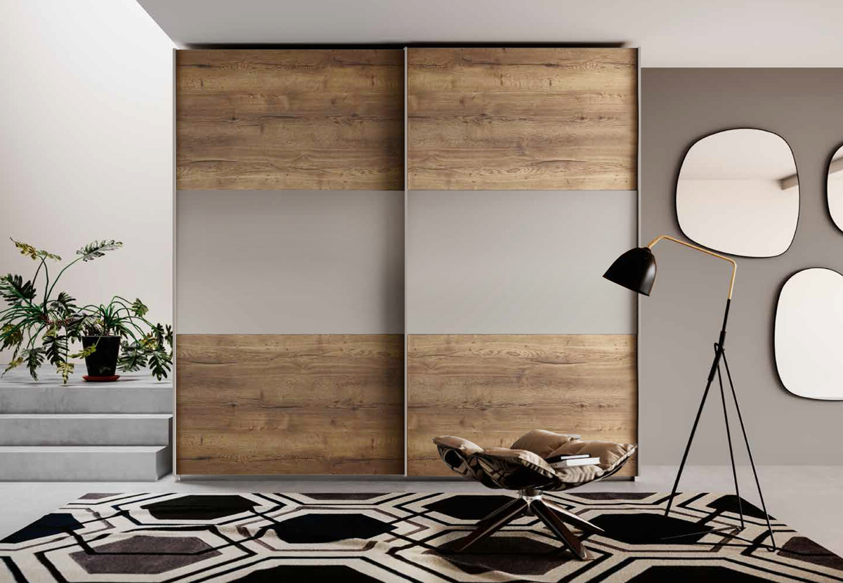 Armadio 2 ante scorrevoli, Rovere Tabacco e Grigio Seta