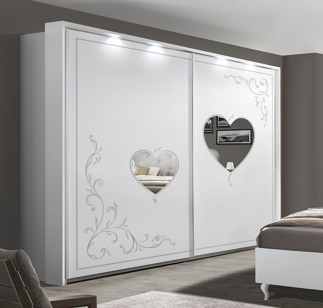 Armadio con specchi a cuore e serigrafie in finitura Bianco a 2 ante scorrevoli