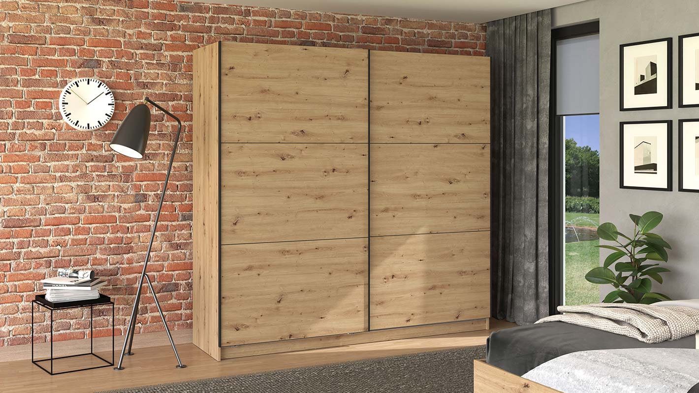 Armadio scorrevole L.220, stile industy, finitura Rovere