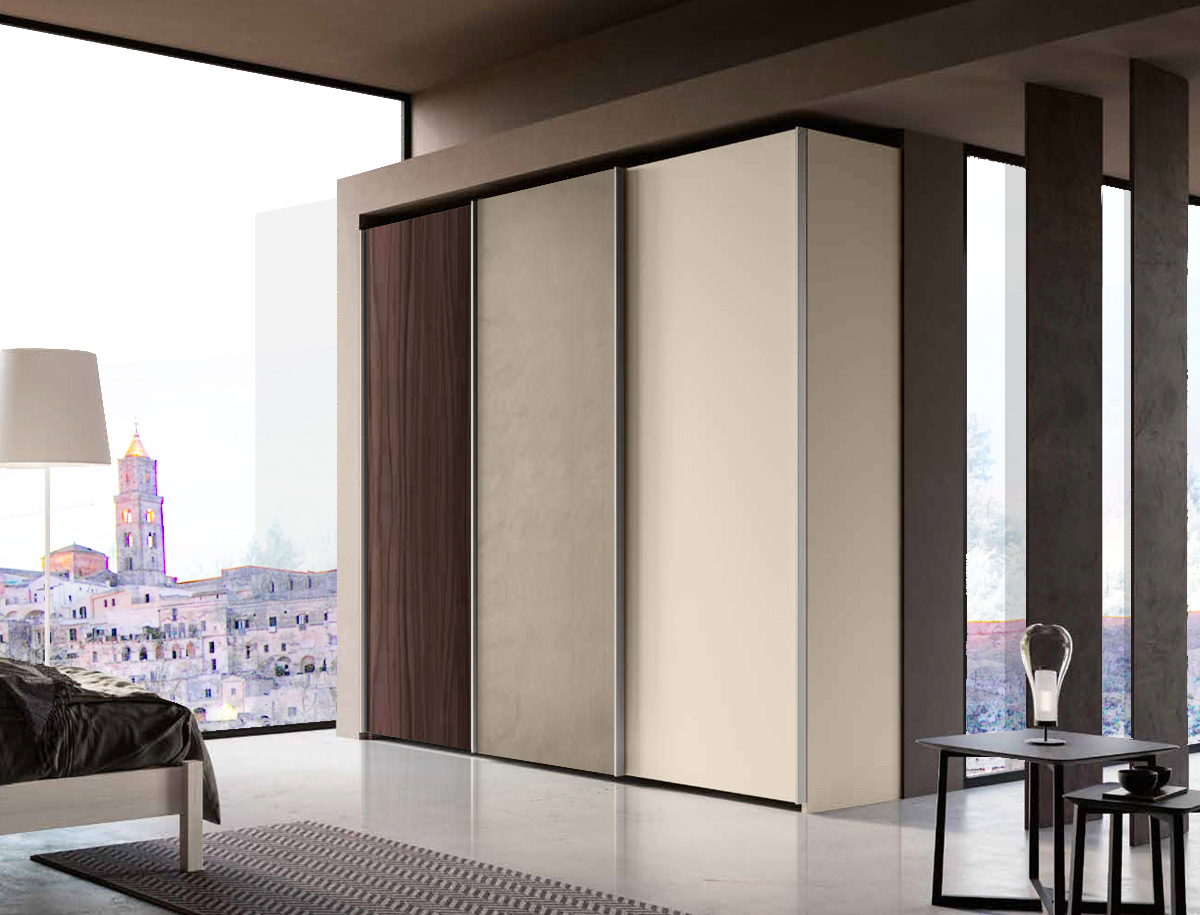 Armadio scorrevole a 3 ante, Noce Moro, Argilla e Orzo
