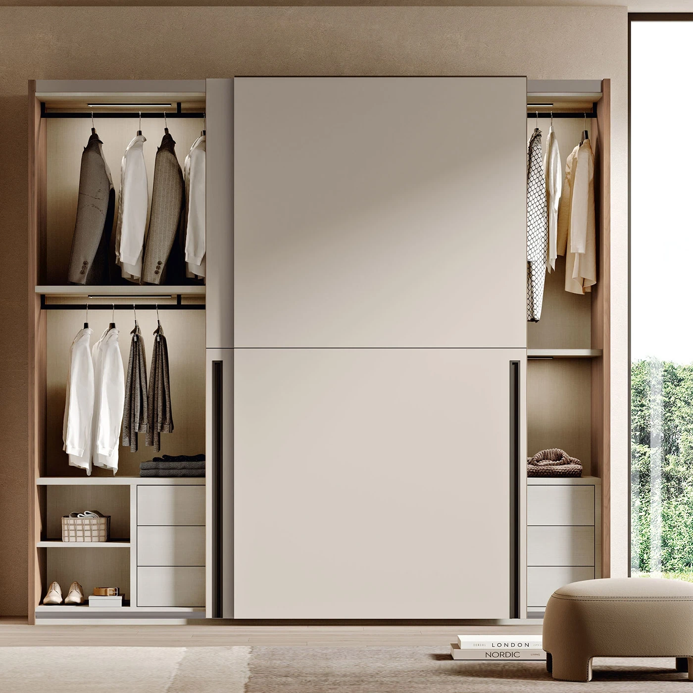 Camera matrimoniale con comodino sospeso, Sequoia honey e Corda