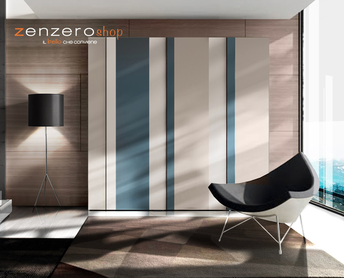 Mobili armadio camera da letto 6 ante battenti in finitura Petrolio, Visone e Grigio seta