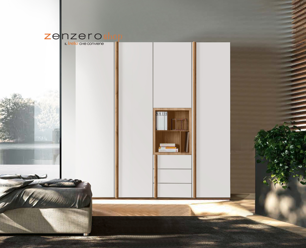 Armadio battente scontato in Bianco opaco e Noce biondo, 4 ante 3 cassetti