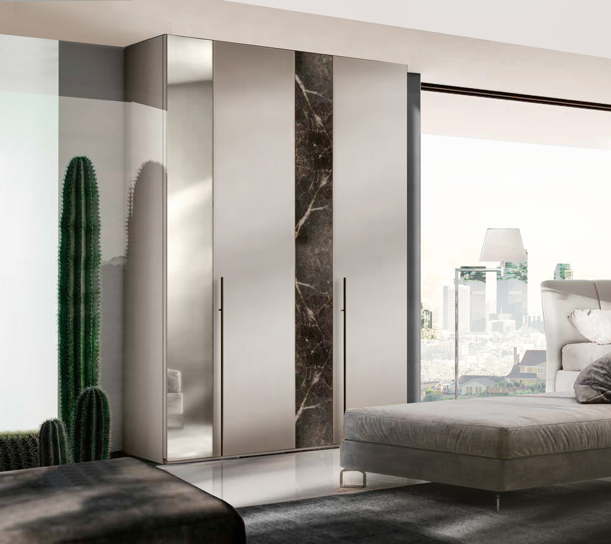 Armadio battente 4 ante con anta a specchio, in finitura Marmo nero e Grigio seta 