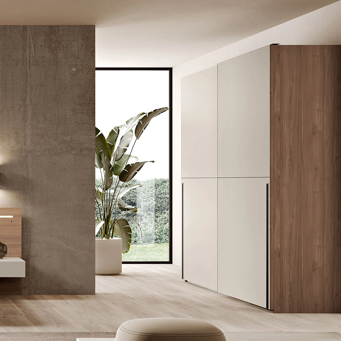 Camera matrimoniale con comodino sospeso, Sequoia honey e Corda