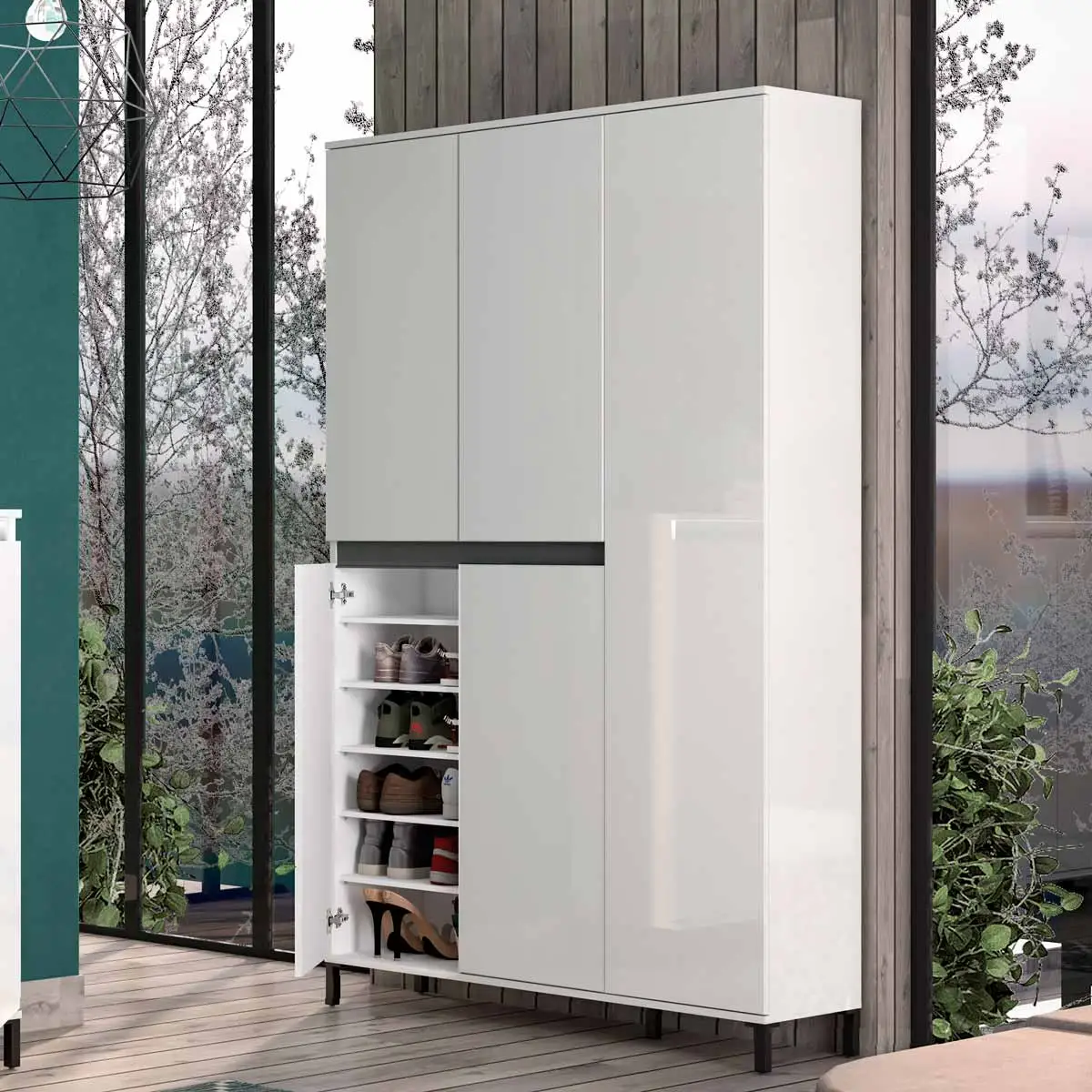 Scarpiera alta Bianco lucido e Ardesia a 5 ante e 20 ripiani, Made in Italy