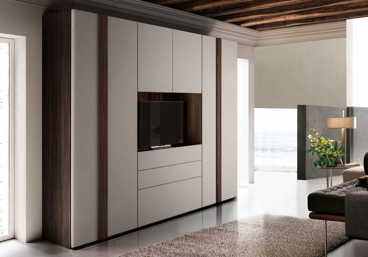 Armadio con vano Tv, 6 ante battenti e 3 cassetti in Grigio seta e Noce moro