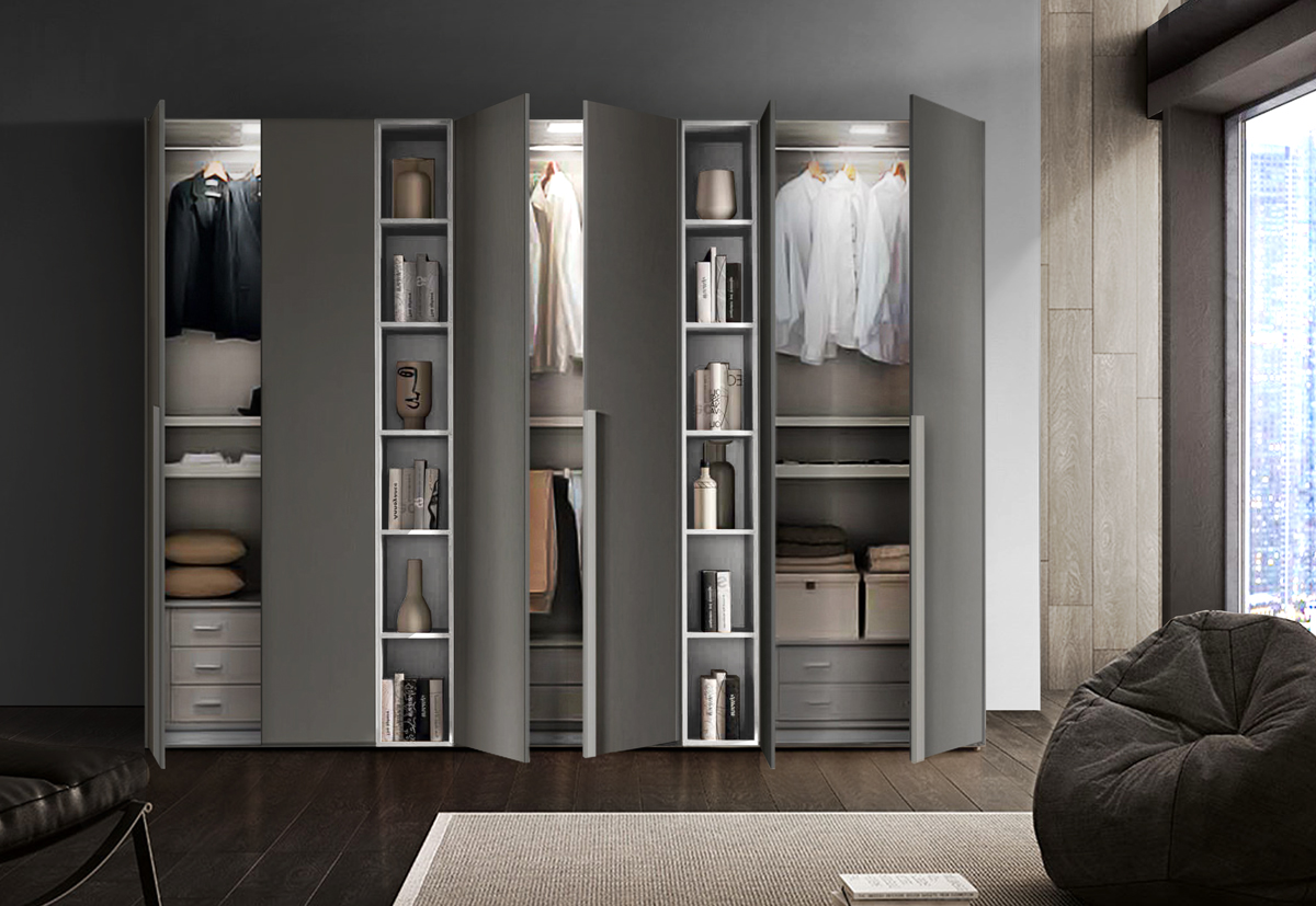 Armadio scontato 6 ante battenti con libreria, finitura Grigio londra