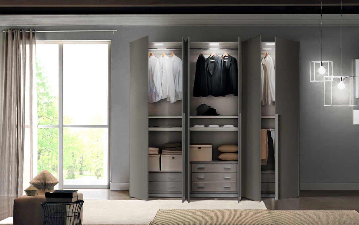 Armadio battente 6 ante, in finitura Cachemire e Noce naturale