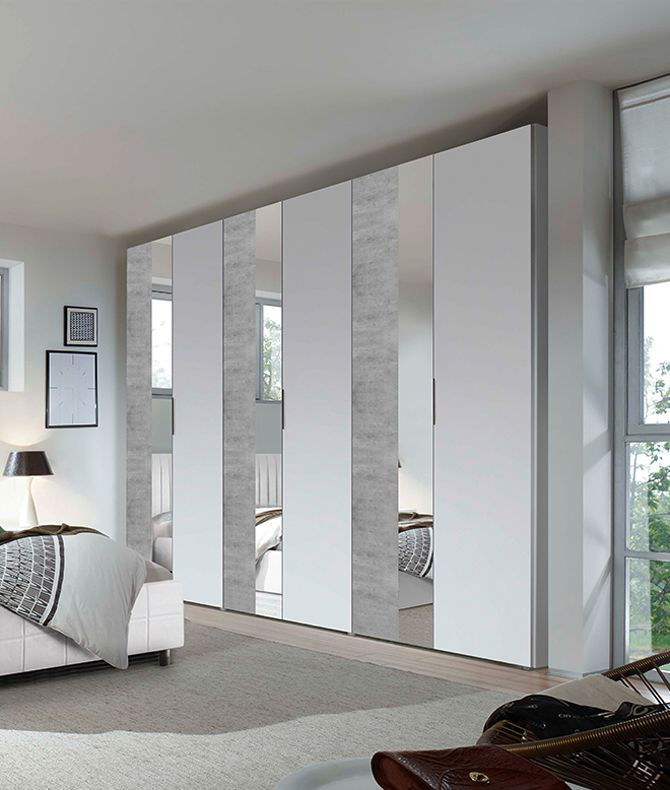 Elegante  Armadio moderno 6 ante battenti con specchio, finitura Beton e Bianco Opaco