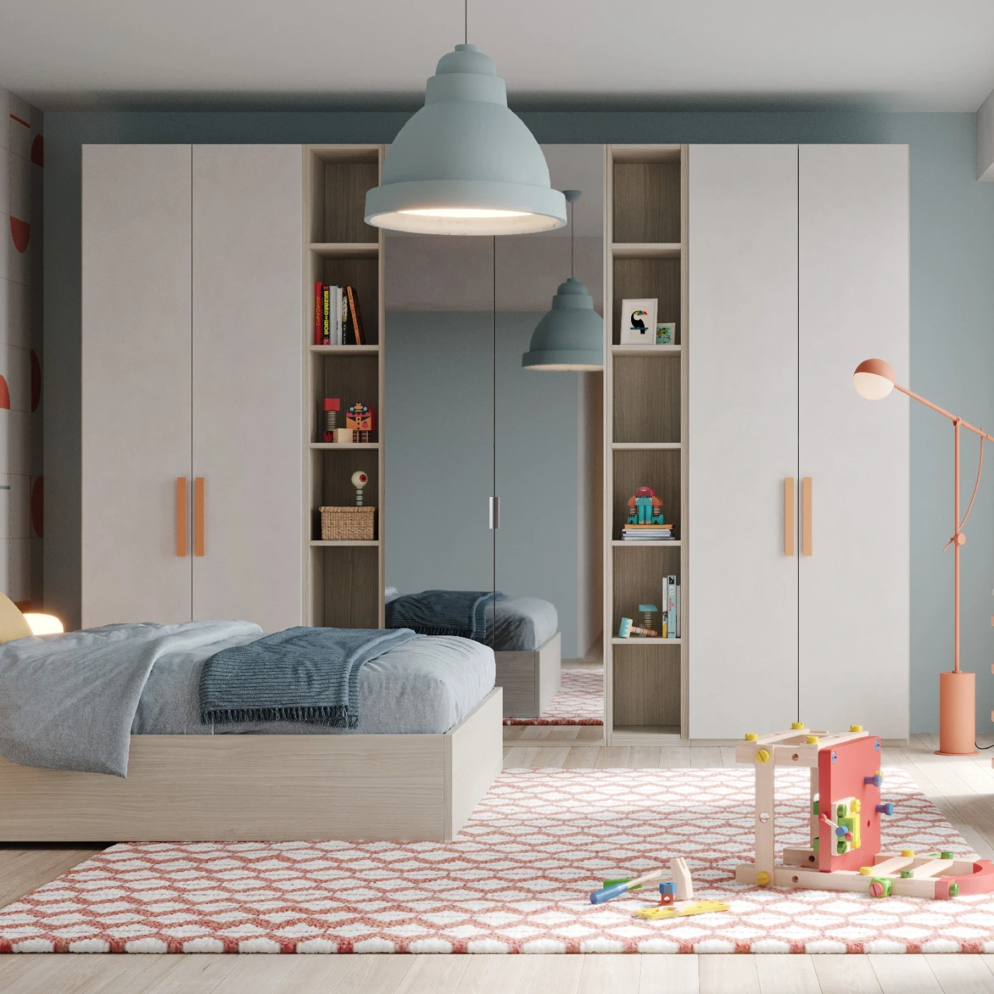 Armadio 6 ante battenti con specchi e librerie, Cenere wood, Bianco e Albicocca Zenzero Shop