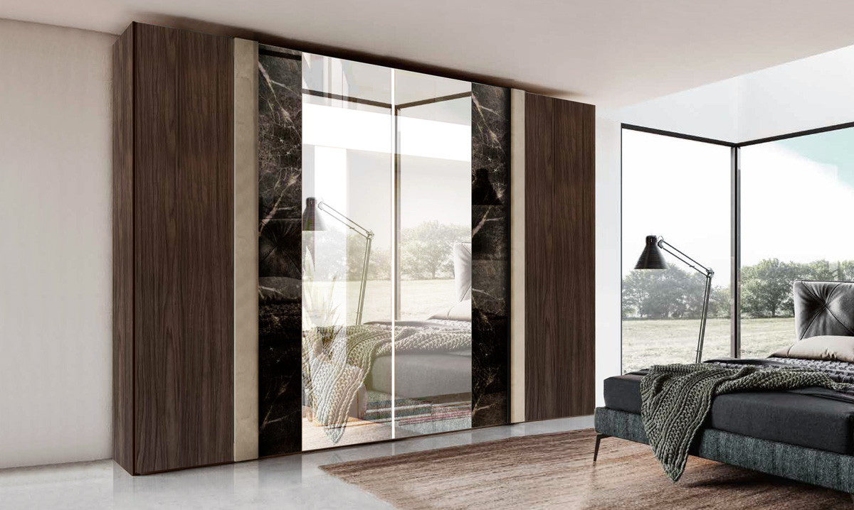 Armadio battente 6 ante con specchio centrale, finitura Marmo nero, Argilla e Noce moro