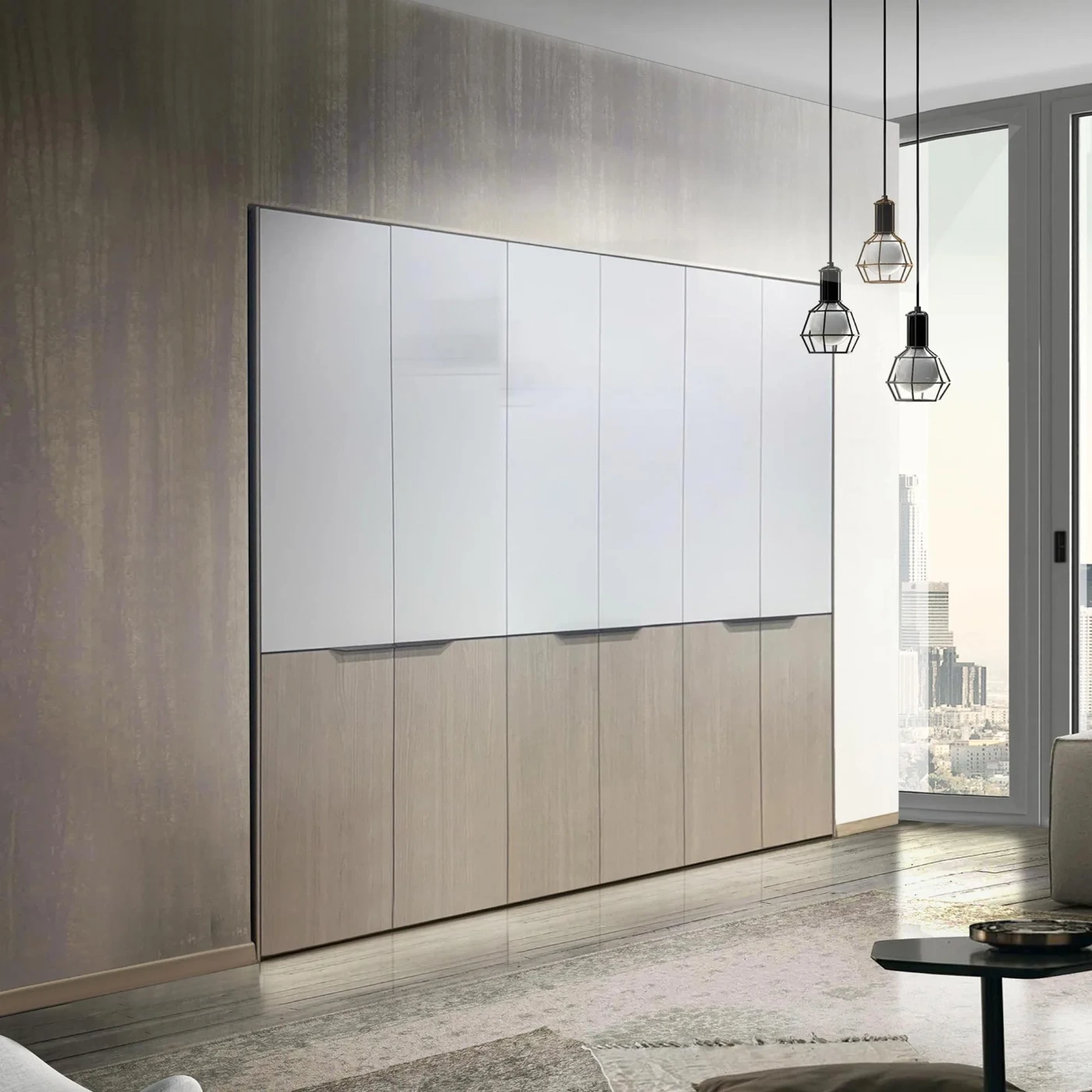 Armadio 6 ante battenti, Bianco seta e Rovere nodato, L.277 H.246 P.61 Zenzero Shop