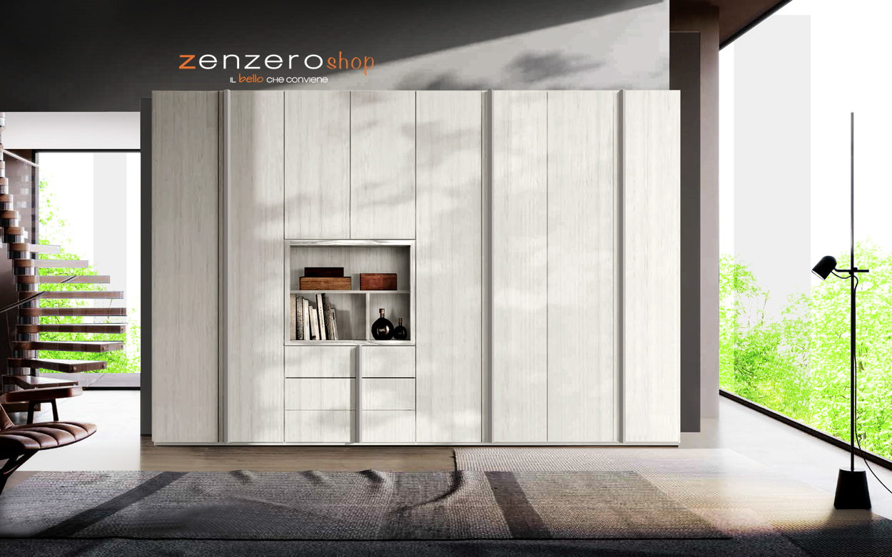 Armadio 8 ante battenti con zona studio, Bianco altea e Grigio seta