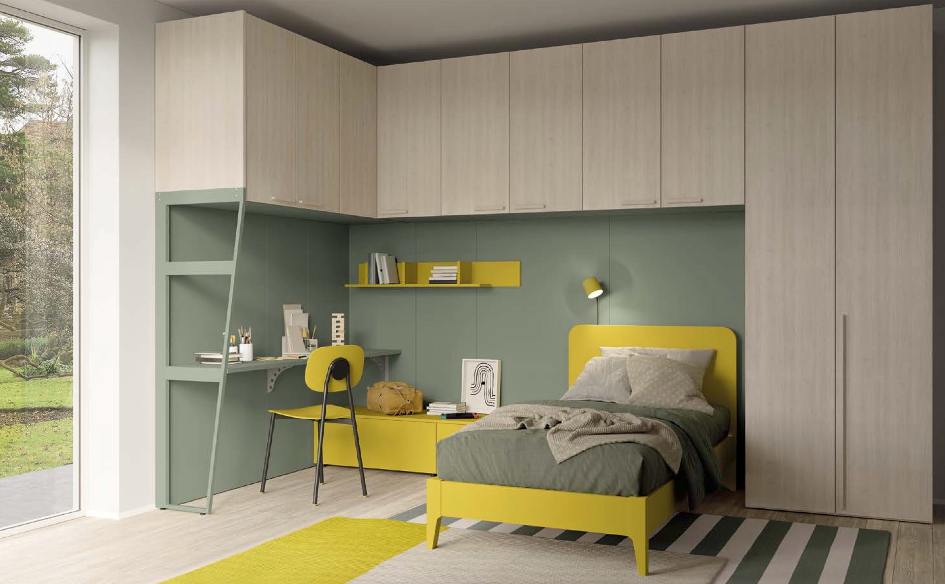 Armadio a ponte angolare con 10 ante battenti, finitura Ciliegio Bianco e Agave