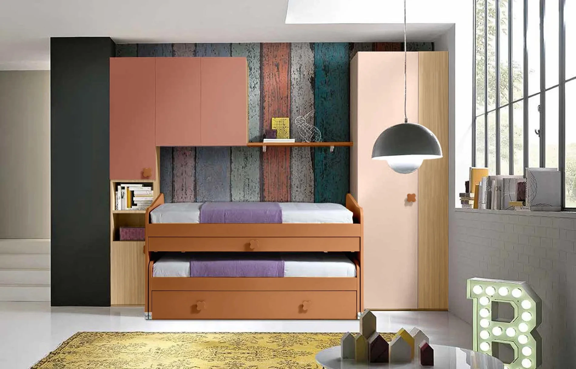 Cameretta con letto salvaspazio 3 posti, finitura Rovere ambra, Rosa antico, Peonia e Terracotta
