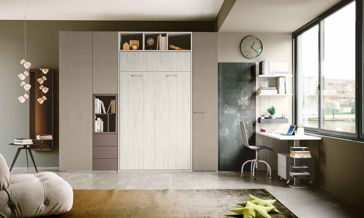 Achille: letto composizione armadio e letto a scomparsa in bronzo, argilla e bianco 