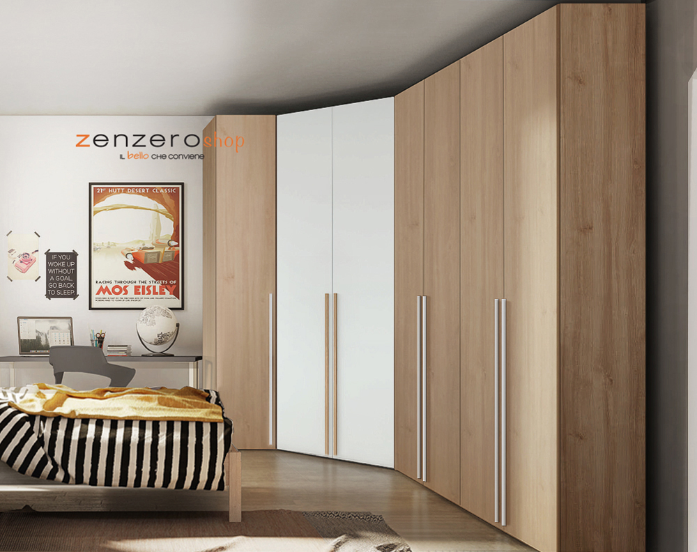 Armadio moderno ad angolo con 7 ante in finitura Bianco Opaco e Royal Oak