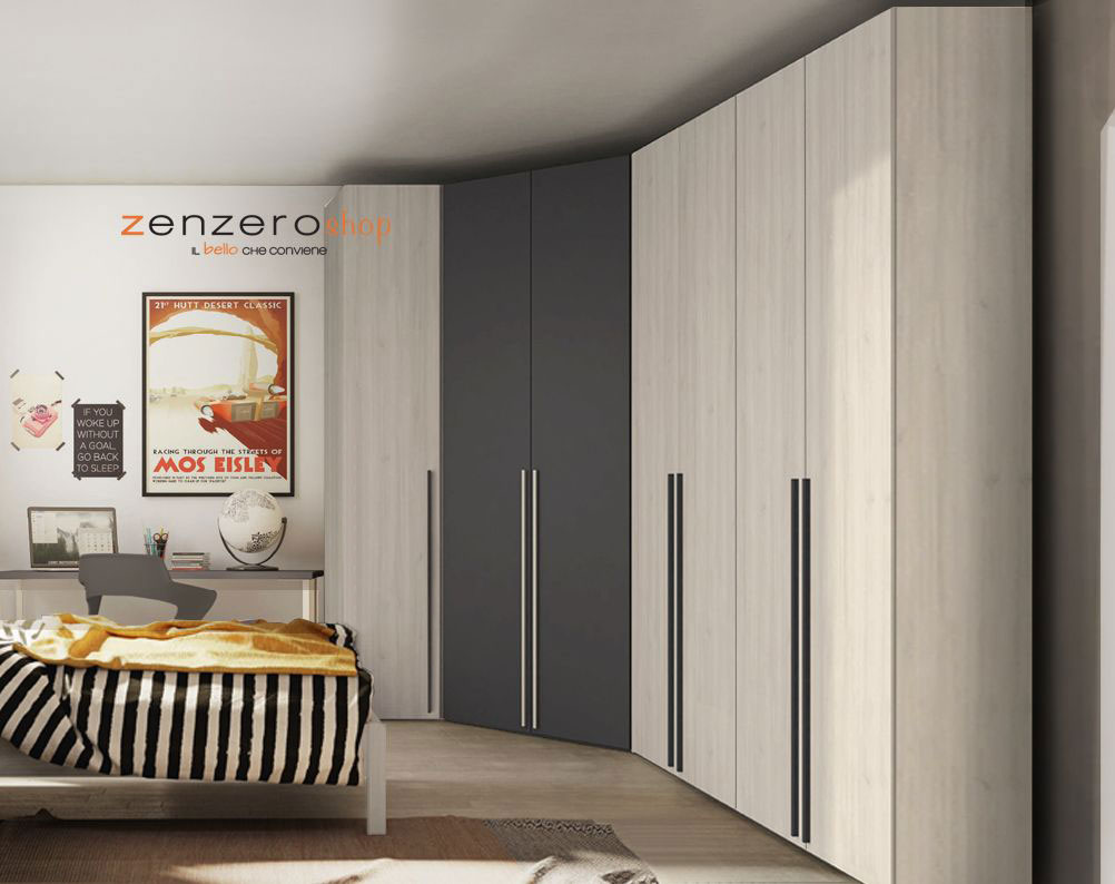 Armadio moderno ad angolo con 7 ante in finitura Noce brina e Grigio titanio