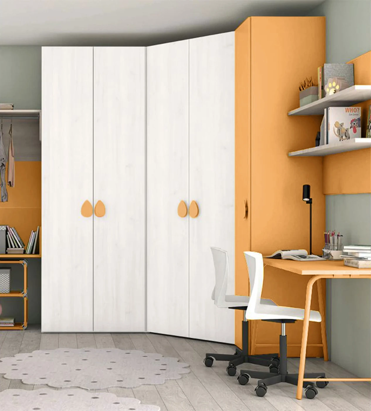 Armadio ad angolo per camerette in finitura Rovere Bianco e Miele