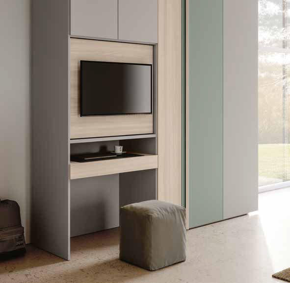 Cameretta 1 piazza e mezza, finitura Agave e Grigio seta, letto imbottito