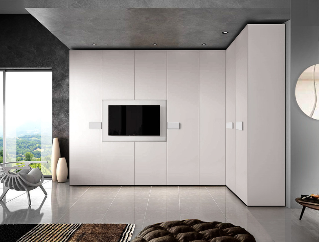 Armadio ad angolo con vano tv, Bianco Opaco
