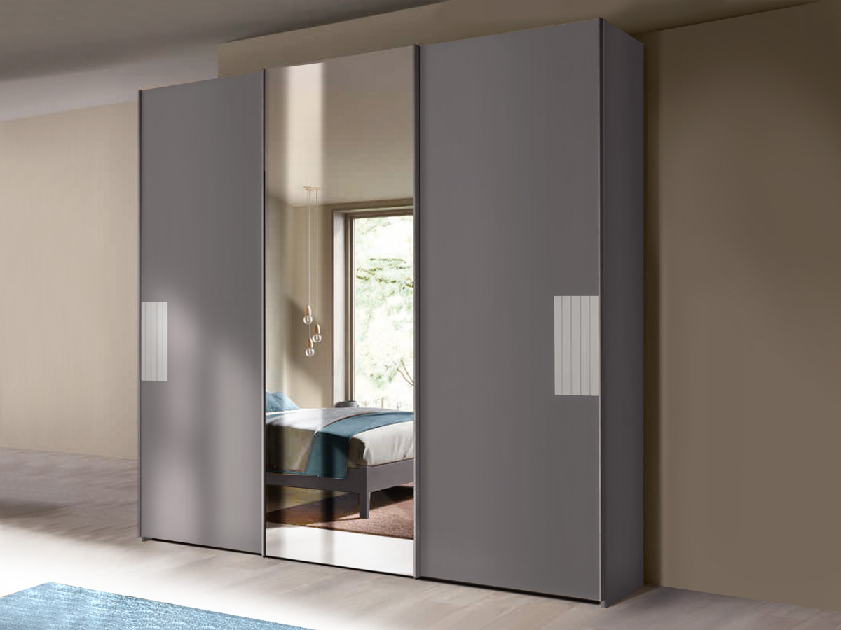 Armadio scorrevole a 3 ante con specchio, finitura Grigio titanio e Dorian