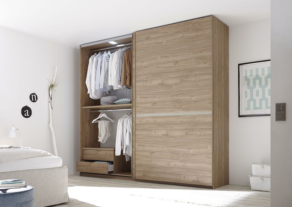 Set zona notte con Armadio scorrevole, Comò e Coppia Comodini, Noce Chiaro e Argilla 