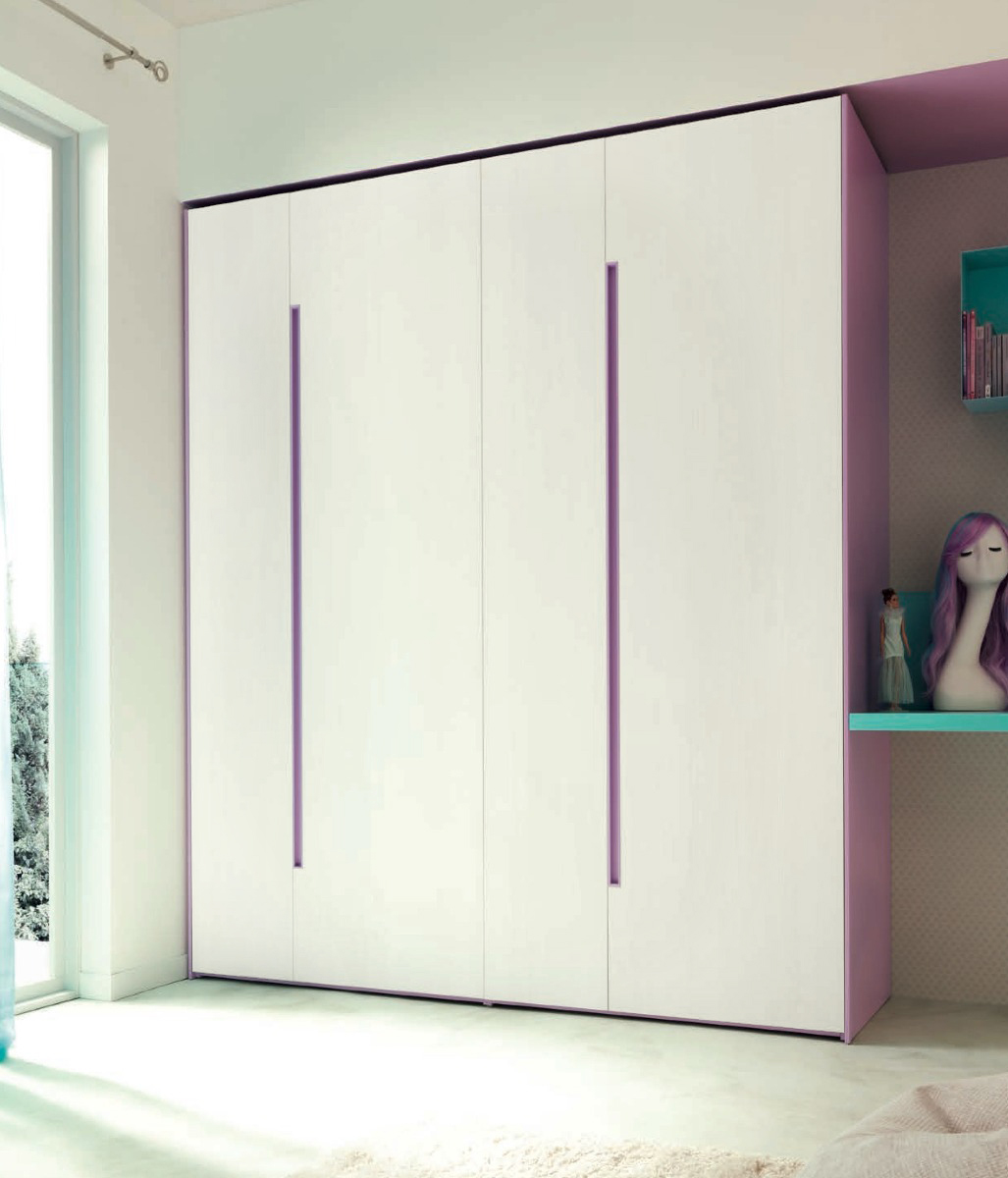 Armadio per bambini Moretti Compact, 4 ante Betulla e Lilla laccato