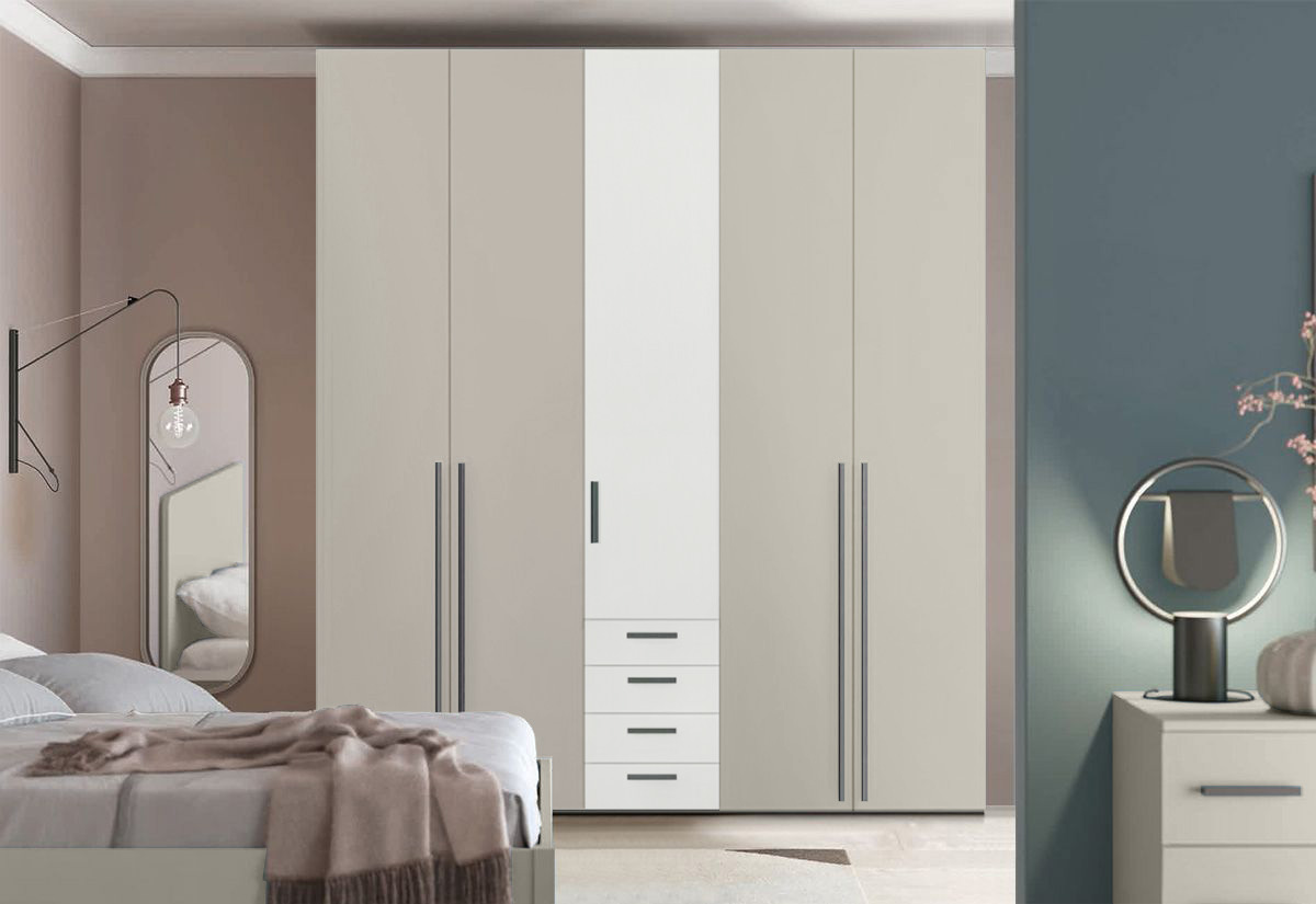 Armadio moderno L.226 a 5 ante e 4 cassetti H.257, finiture Bianco Opaco e Grigio Dorian