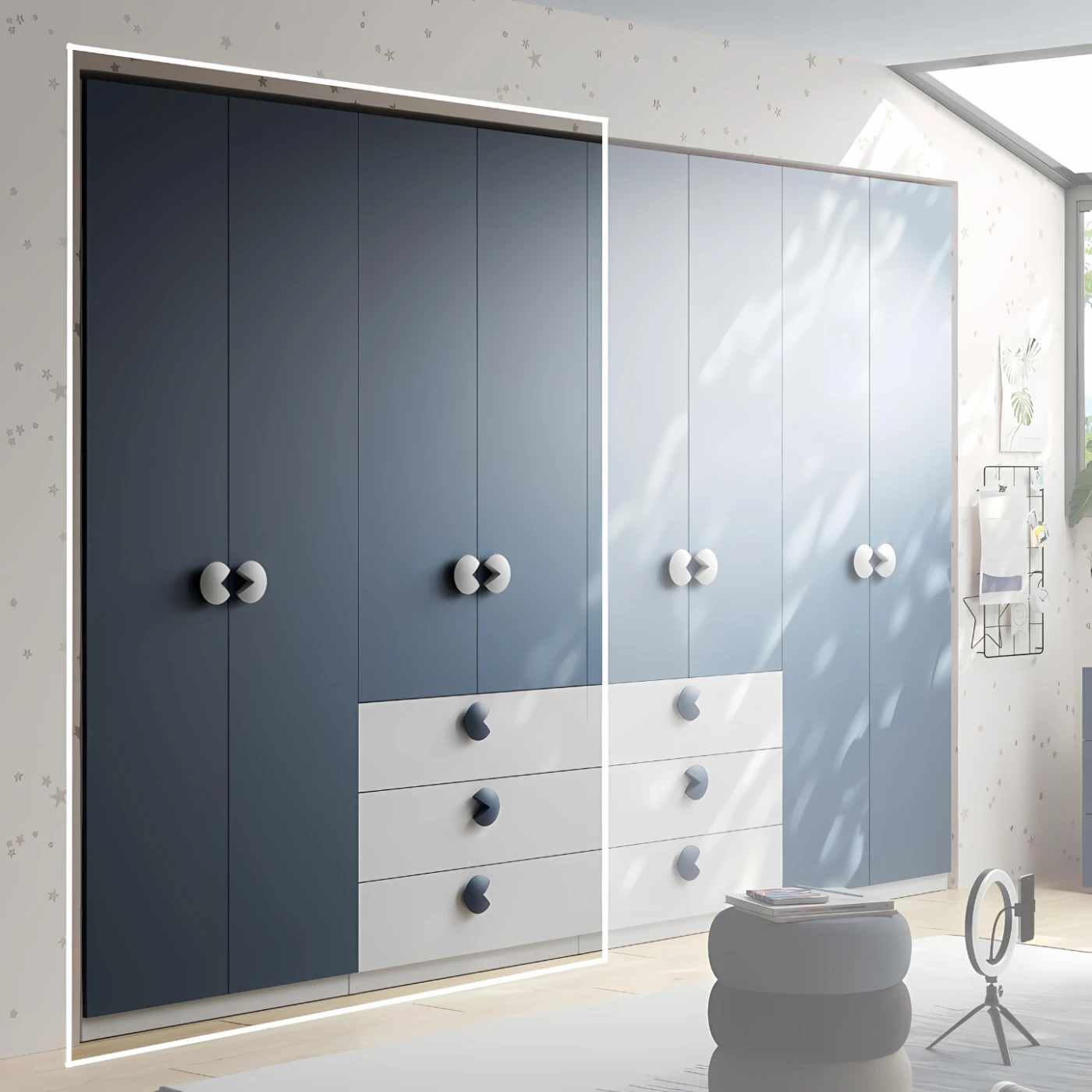 Armadio 4 ante 3 cassetti, Bianco opaco e Blu navy, L.183