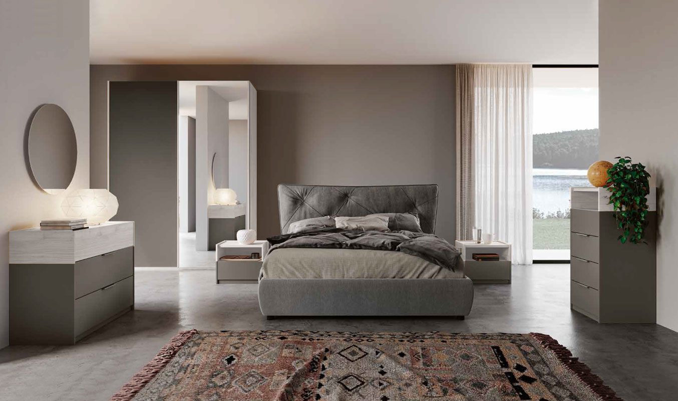 Camera matrimoniale con letto ecopelle, finitura Grigio cenere e Bianco altea