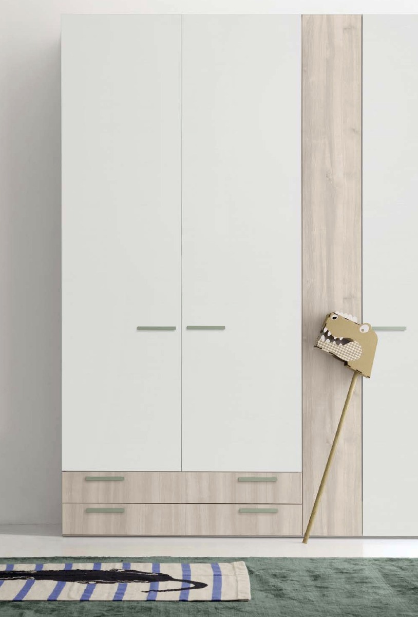 Armadio battente con cassetti per camerette, finitura Rovere white e Ciliegio bianco