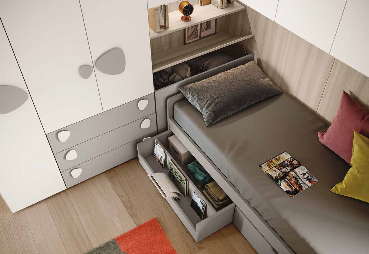 Cameretta con ponte per bambini, finitura Bianco, Grigio seta e Olmo natura