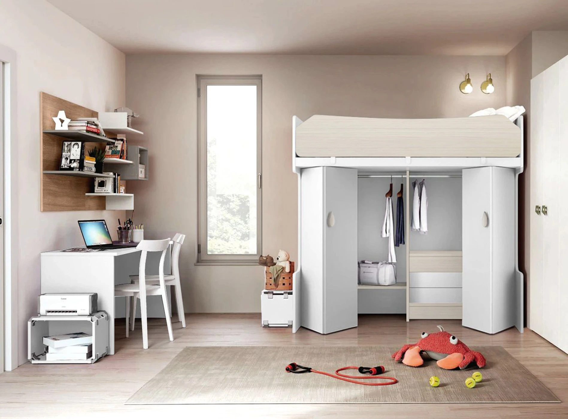 Letto a castello con armadio inferiore in finitura Bianco Opaco e Noce brina