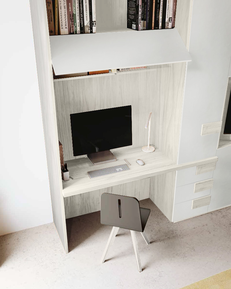 Armadio zona tv e scrivania, 7 ante in Bianco Altea e Bianco Opaco