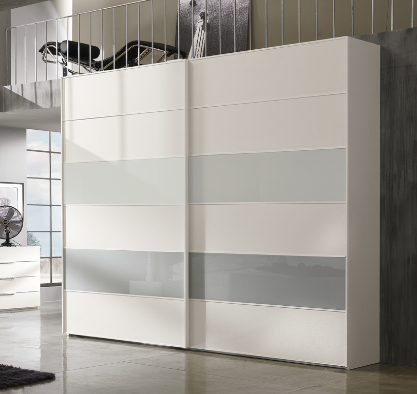 Armadio scorrevole Bianco frassinato con inserti in vetro Ghiaccio e vetro Grigio