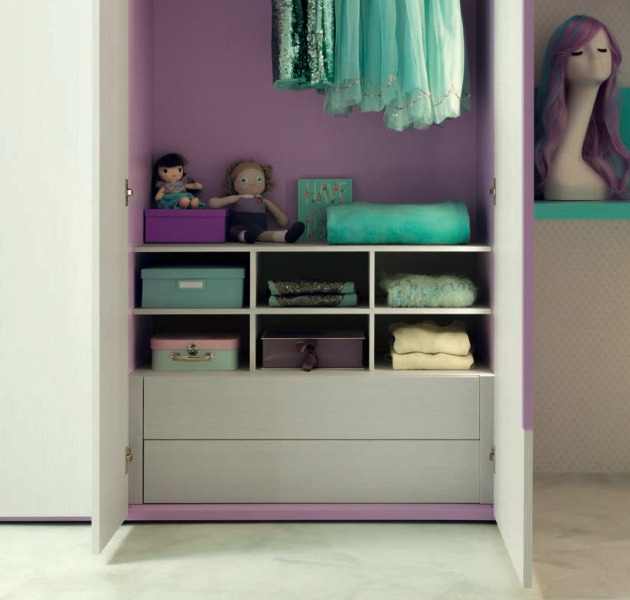 Armadio per bambini Moretti Compact, 4 ante Betulla e Lilla laccato