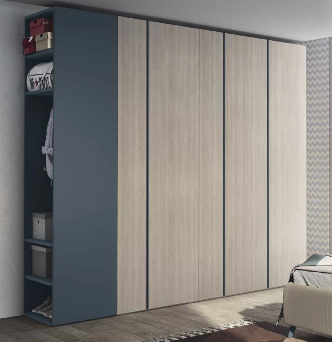 Armadio battente Blu opale e Ciliegio bianco con libreria terminale