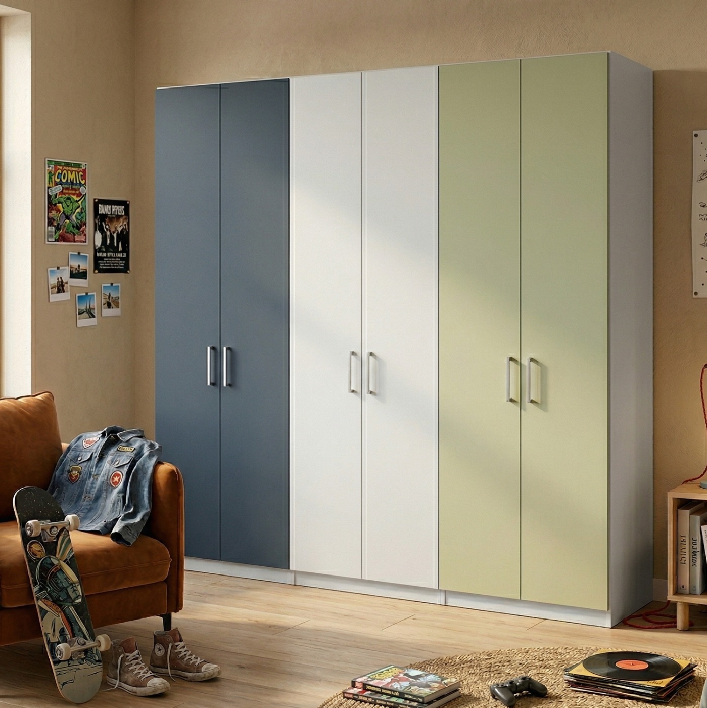 Armadio camerette a 6 ante, Blu navy, Gesso e Pistacchio, L.270