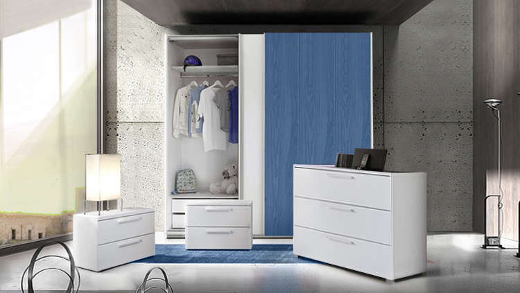 Set zona notte con Armadio Vertigo, Comò e Coppia Comodini, Bianco opaco e Blu