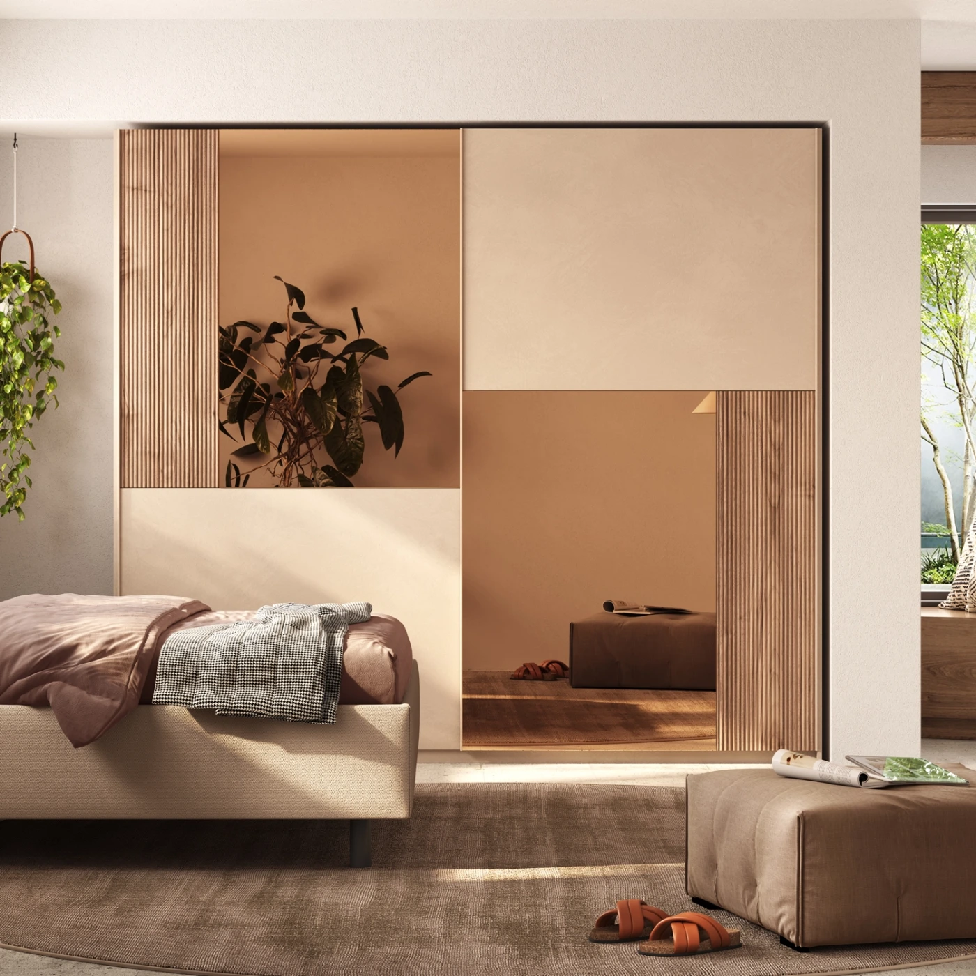 Armadio 2 ante scorrevoli specchi bronzo, Cashmere e cannettato Noce caramello